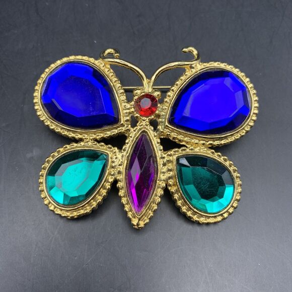 Jewel Tone Butterfly Brooch Pin Acrylic Rhinestone Gold Tone Blue Green Red Big - Picture 4 of 6